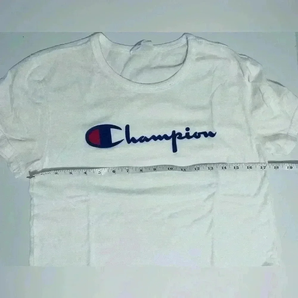 Champion Classic T-Shirt, Women’s Size Medium, White with Navy Blue Script Logo - Picture 12 of 12